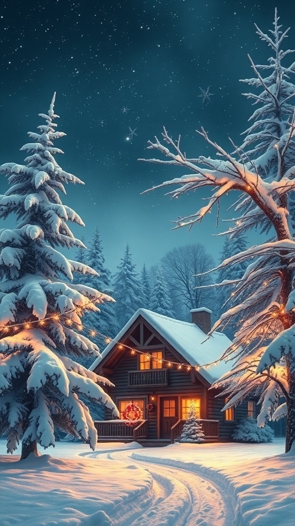 A snowy Christmas landscape with a cabin, trees with lights, and a starry night sky.